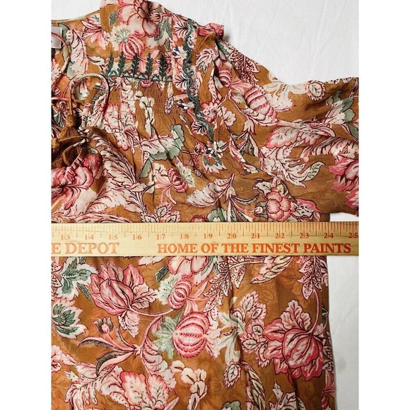By Anthropologie Pullover Blouse XLP Sheer Floral Flowy Boho Tassels Tie Neck - Picture 10 of 12